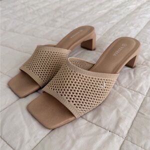 Vivaia - Size 8 - Women's Beige Square-Toe Block Heel Slide - Almond Mesh